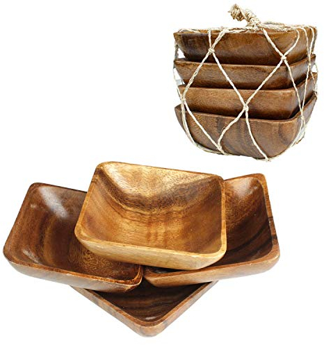 Lot de 4 assiettes en bois d'acacia sculpté à la main - Taille 10,2 cm (carré)