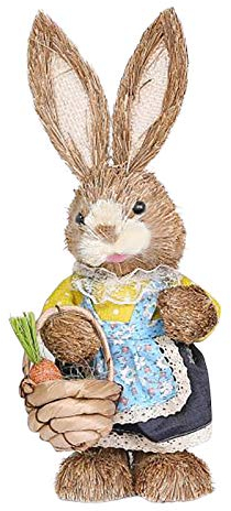 Darringls Lapin de Pâques Debout en Paille pour décoration de Pâques Lapin de Pâques Debout Figurine de Lapin Debout avec Panier de Carotte Lapin de Pâques en Paille Décoration de Pâques
