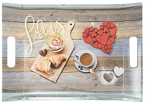 Lashuma Bandeja de plástico para servir 38 x 27 cm, bandeja multicolor con asas, diseño: desayuno