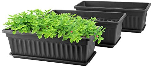 Greaner Lot de 3 pots de fleurs rectangulaires en plastique avec plateau pour jardin, balcon, fenêtre, maison Noir 40 x 19 cm