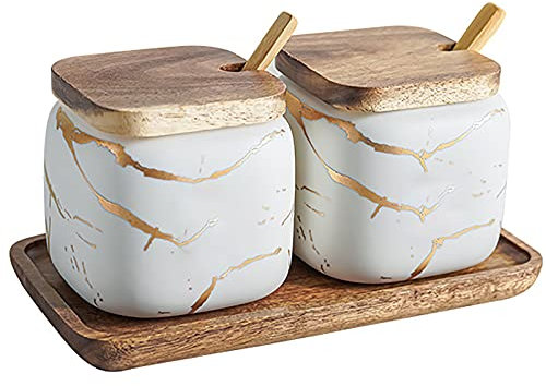 JFFLYIT Lot de 2 sucriers en céramique marbrée avec couvercle en bois et cuillère en bois (blanc)