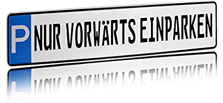 Individuelles Parkplatzschild 520x110mm mit P-Symbol aus Aluminium Wunschkennzeichen mit eigenem Text Wunschname für Parkplatz Schild (12 P - Nur vorwärts einparken)