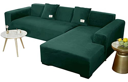 JHLD Sofabezug L Form, Stretch Sofabezug Samt L-förmiger Sofabezug Weiche Anti-rutsch Sofa Überwürfe Für Ecksofa-Dunkelgrün-3 Sitzer+3 Sitzer
