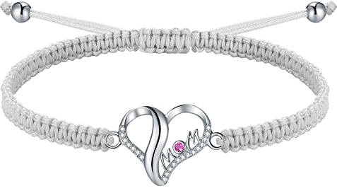 J.Endéar Mutter Herz Armband für Damen Silber 925, Kordel Seil Verstellbares Handgefertigt Geflochtene Armband Rot Cubic Zirkonia Mom Schmuck Mama Geschenk, Grau