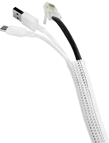 QWORK® 10ft/3m Self-Closing Cable Sleeve, Braided Wire Tidy Cable Management Cable Tie Diameter 1/2”-3/4” (13-20mm), White