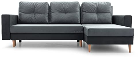 MOEBLO Ecksofa Carl – Ottomane Links und rechts montierbar, Couch für Wohnzimmer, Schlafsofa Sofagarnitur Sofa Eckcouch L-Form Wohnlandschaft, mit Bettkasten und Schlaffunktion (Grau + Dunkelgrau)