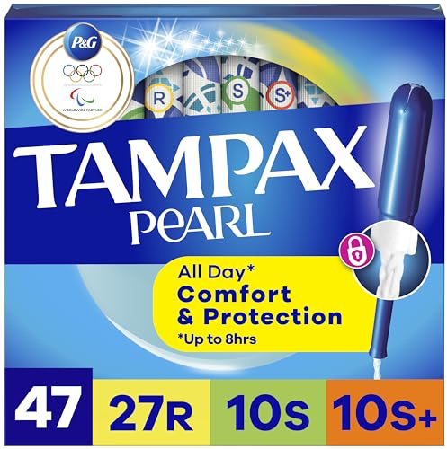 Tampax Pearl Tampons for Women Multipack, with LeakGuard Braid, Regular/Super/Super Plus Absorbency, Unscented, 47 Count