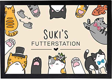 Napfunterlage Katzen personalisiert mit Namen Geschenk für Katzenbesitzer Katzenmama Katzenpapa rutschfest & waschbar schwarz (Futterstation 35x50cm)