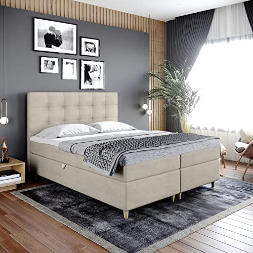 FURNISTAR Boxspringbett Dante - Doppelbett, Bett mit Bonellmatratze und Topper, 2 Bettkästen für Bettwäsche, Polsterbett, Modern, Elegant, Schlafzimmermöbel, Schlafzimmerbett (140x200, Beige)
