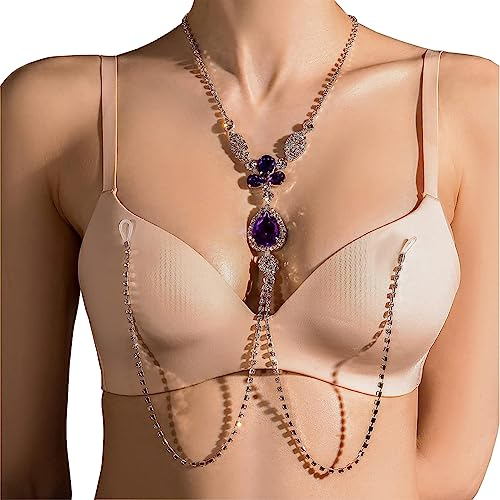 TJCGCKK Glitzernde Strass Nippel Clips Kette mit Halskette Einstellbare Nicht Piercing Nippel Klammern Rave Nightclub Bikini Körper Kette (Silber Violett)
