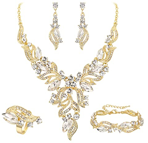 EVER FAITH Braut Schmuckset Hochzeit Kristall Marquise Blatt Cluster Statement Y-förmiger Anhänger Halskette Ohrringe Armband und Ring Set für Abschlussball Weiß Gold-Tone