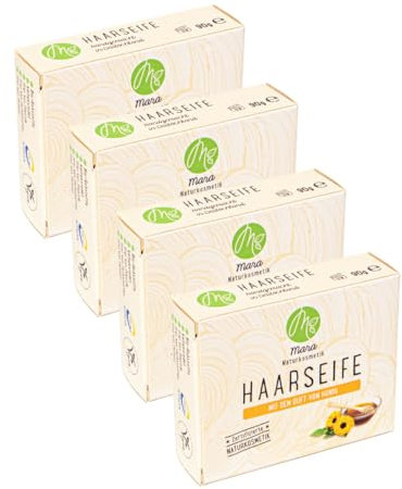 Mara Naturkosmetik - Feste Haarseife Honig– Pflegende Wellness Reinigung ohne Palmöl für Frauen und Männer – Naturseife - Nachhaltig, vegan, bio, umweltfreundlich, handgemacht und zertifiziert 4x90g