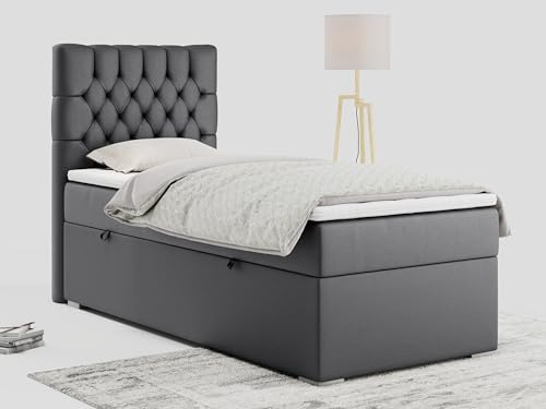 MKS MEBLE Boxspringbett 90x200 mit Matratze, Einzelbett 90x200 mit Bettkasten und Topper, Jugendbett 90x200 mit Stauraum -PERA 90 cm - Dunkelgrau Kunstleder - H3 - Linke Seite
