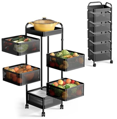 Warmiehomy Rotating Storage Rack 5 Tier Rectangular Vegetable Rack Fruit Basket Rack Kitchen Storage Trolley Rotating Storage Shelves for Corner Organisation