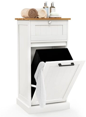 Multigot Tilt-out Laundry Hamper, 30L Freestanding Dirty Clothes Cabinet with Drawer and Removable Clothes Basket, Wooden Bathroom Laundry Organizer Cabinet for Bathroom Bedroom (White)