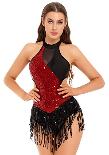 iEFiEL Damne Glitzer Tanzbody Neckholder Tanzanzug Quasten Ballett Trikotanzug Tanzkleid Gymnastikanzug Latein Tanzkleidung Burgundy M