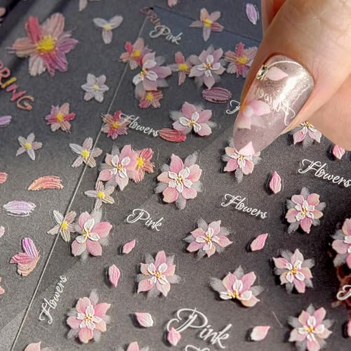 2 Blätter Rosa Sakura Blume Nagelsticker Selbstklebend,5D Geprägt Kirsche Flower Nageldesign Nail Sticker Frühling Sommer Floral Nagelaufkleber Relief Blütenblatt Nagel Sticker Nagel Zubehör Nail Art