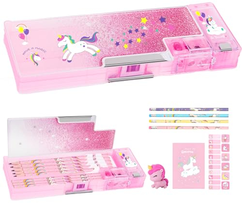 TCJJ 8pcs Einhorn Bleistift Fall für Kinder, Multifunktions Glitter Pailletten Mädchen Bleistift Fall mit Bleistift&Radiergummi&Notizblock&Name Aufkleber, Einhorn Briefpapier Set für Kinder