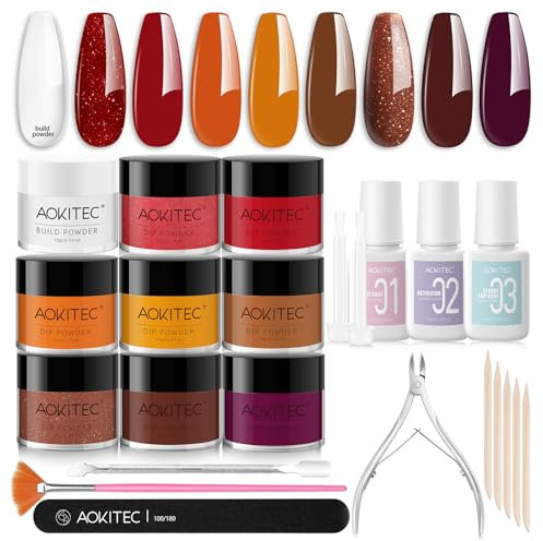 Aokitec 23 PCS Dip Powder Nail Kit - 8 Colors Fall Series Nail Dipping Powder Kit with Clear Build Powder Dip Base Activator Top Gel Dipping Powder Starter Kit for French Manicure Nail Art Kit