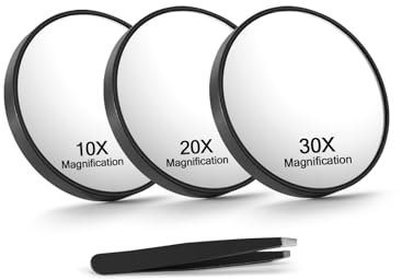 Macaki Specchio ingranditore 10X/20X/30X, con ventose e pinzette, specchio ingrandito da viaggio da 8,9 cm, nero, 3 pezzi