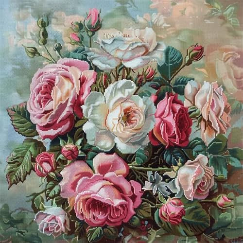 Lfynior Kreuzstich Kissen Set Vorgedruckt Rose Stickkissen mit Muster 45X45cm Stickpackung Stickset Kreuzstich Kissen zum Basteln Stickkissen Stickpackung mit Vorgedruckt Kreuzstichmotiv