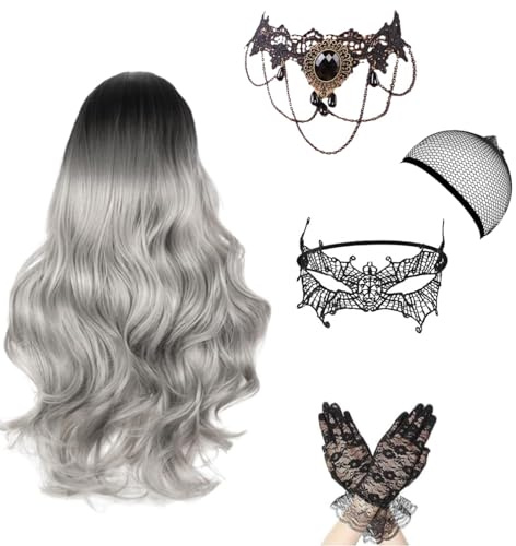 Perücke Halloween Grau Damen, Ombre Grau Lang Wellte Lockig, Hexenperücke, Gotisch Halskette, Spitze Maske Lace Handschuhe, Gut für Halloween, Karneval,Fasching,Mottoparty