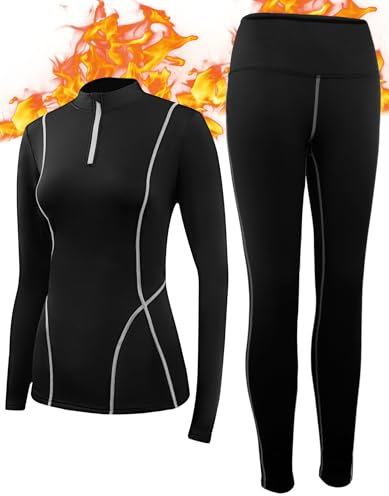 SIMIYA Thermounterwäsche Damen, Skiunterwäsche Funktionsunterwäsche Set Extra Warm und Atmungsaktiv Thermo Unterwäsche Damen mit Reißverschluss für Winter(Schwarz Grau,S)