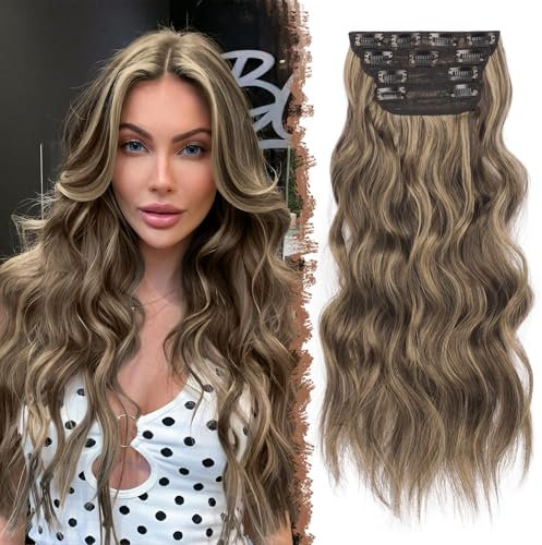FESHFEN Clip in Extensions, 4PCS 50 cm Voller Kopf Haarverlängerungen mit Clips Synthetik Gewellte Haarextension Wavy Haar Extensions Clip in Haarteil für Frauen, Braun Gemischt Honigblond