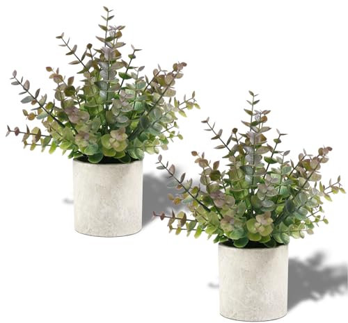 Paquete de 2 plantas falsas pequeñas de Navidad, plantas artificiales de eucalipto en maceta para el hogar, interior, chimenea, mantel, escritorio, hogar, baño, granja, habitación, mesa de café,