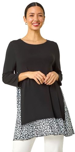 Roman Chiffon Dipped Hem Top Asymmetric Tunic for Women UK Ladies Stretchy Jersey Flared Blouse Smart Fit & Flare Form Casual Loose Longline Party Hanky Tunics - Black & Grey - Size 12