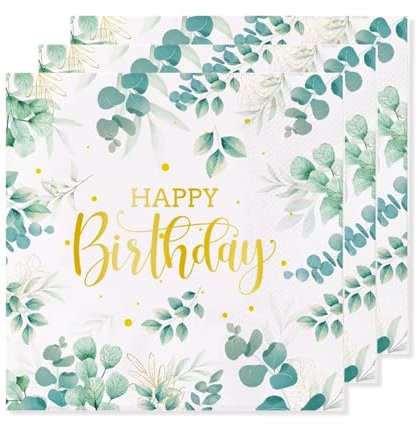 ParPix 20 Stück Eukalyptus Servietten Geburtstag, 33x33cm Grüne Servietten Happy Birthday, Eukalyptus Happy Birthday Servietten Frau Mann, Tischdeko Geburtstag Papierservietten, Servietten Babyparty