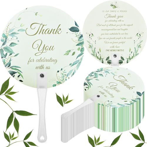 100 Pcs Wedding Hand Fans Bulk Plastic Fans Handheld Wedding Fans for Wedding Guests Wedding Favor Fans Thank You for Celebrating with Us Greenery Fan with Handle for Wedding Ceremony Bridal Shower