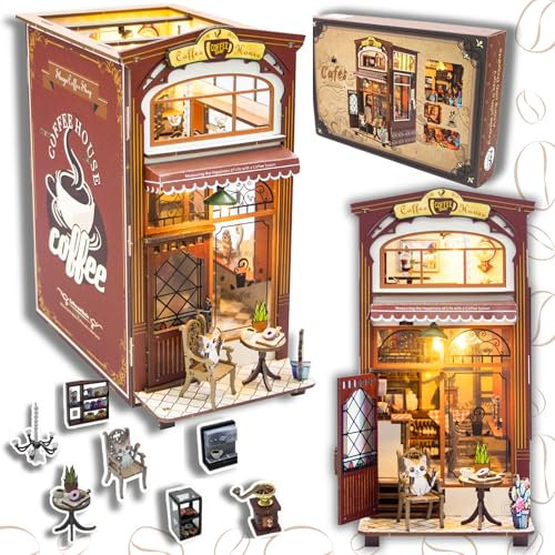 Book Nook Cafe – Book Nooks für Bücherregal Deko, DIY Miniature House, Miniatur Haus selber Bauen mit Zubehör, Modellbausatz Erwachsene, Inspiriert von Book Nook Sunshine Town und Nook Book