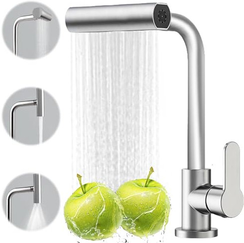 Wasserhahn Küche, 360° Drehbar Hochdruck Küchenarmatur mit 4 Wasserstrahlarten, Spültischarmatur mit Brause, Mischbatterie Küche Spültischarmatur mit Anschluss (Edelstahl)