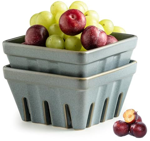 Gomakren Frutero con agujeros, juego de 2 cestas de cerámica para bayas, cesta cuadrada de frutas de 5.7 pulgadas para cocina, recipientes de bayas para mesa, decoración moderna de cocina, azul