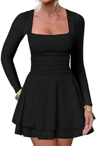 Hanaoops Womens Bodycon Mini Dress Square Neck Long Sleeve A-Line Flare Hem Short Dresses Sexy Party Club Ruched Wrap Dress Going Out Casual Dresses Y2k Clubwear Black