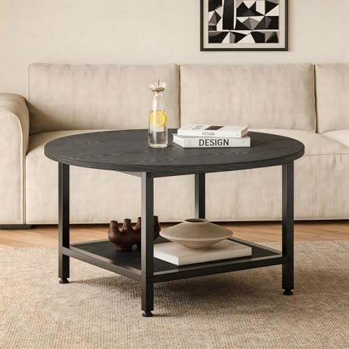 ARFARLY Round Coffee Table for Living Room 2-Tier Circle Coffee Table Black | Black Coffee Table with Storage Shelf, Modern Center Table with Sturdy Metal Frame for Home Furniture,Easy Assembly