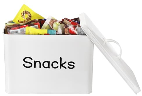 TOLIDA Metal Snack Storage Box with Lid - White Storage Bin for Candies Chocolates Biscuits, Home Essentials Storage Container with Handle