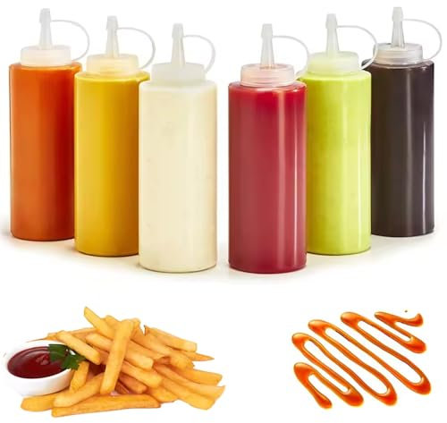 Komoke 6 Stück Squeeze Flaschen 240ml, Transparente Soßenflaschen mit Skala und Drehverschluss, Praktische Dosierflaschen für Ketchup, Mayo, Senf und Saucen, Ideal für Haushalt und Restaurant
