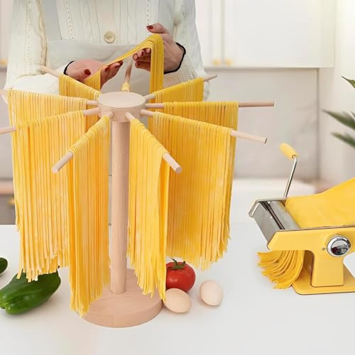 NIHUIFDPY Pasta Drying Rack Noodle Stand with 9 Bar Handles Collapsible Wooden Noodle Drying Rack Detachable Household Noodle Dryer for Homemade Fresh Spaghetti, Easy Storage and Quickly Set Up