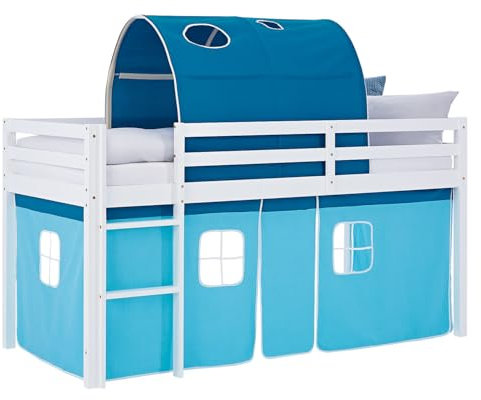Homestyle4u Kinderbett 90x200 blau hellblau Hochbett mit Rausfallschutz Vorhang Holz Kiefer Massiv Lattenrost Betttunnel