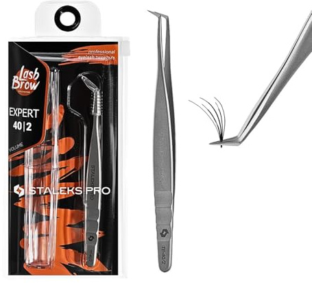 STALEKS PRO Pinza curva professionale per extension ciglia finte. Modellazione volume 70°. Ideale per classici naturali e volume 2-4D. Acciaio inossidabile AISI 420. Expert 40/2
