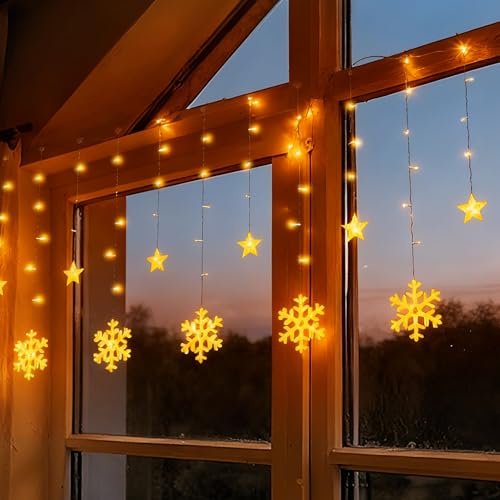 Zichaojia 150 LED Schneeflocken Sterne Lichtervorhang Innen, 2.3M 6 Schneeflocken 6 Sterne Lichterkette Außen, LED Weihnachtsdeko Fenster mit 8 Modi, Timer und Memory-Funktion, Warmweiß