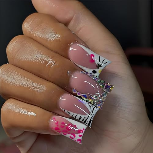 24-Piece Long Square Press-On False Nails, Mixed 3D Animal-Inspired Designs | Nude Pink Bases, White Tips, Black And Bright Pink Details, Yellow Accents, Iridescent Gems, Home Manicures And Social Events