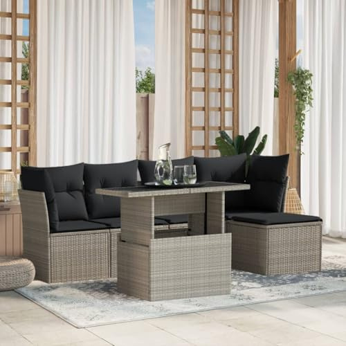 Teenpull 6-TLG. Garten-Sofagarnitur Hellgrau, Poly Rattan Lounge Set mit höhenverstellbarem Tisch, Bequeme Kissen, für Terrasse, Balkon, Außenbereich