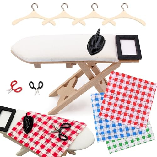 Miniatur Bügeleisen Set Wichtel Zubehör – Mini Bügeleisen mit Bügelbrett, 4 Kleiderbügel, 3 Stoffstücke & 2 Scheren, 1:12 Puppenhaus Zubehör, Puppenhaus Möbel Miniatur für DIY Puppenhaus Dekor