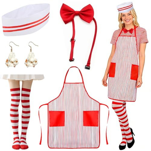 CHENBOOW Popcorn Kostüm,5 Stück Kellner-Kostüm-Set,Schürze Und Kochmütze Set,Kellner Kostüm im 50er Jahre Stil,Mit Schürze,Kochmütze,Fliege,Faschingskostüme,für Karneval,Fasching,Mottoparty,Halloween