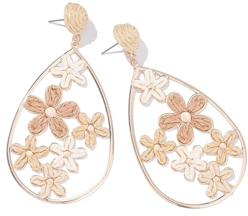Bast Blumen Ohrringe für Frauen, 1 Paar Blumen Ohrstecker, Rattan Ohrring, Boho Ohrringe Hängend, Raffia Ohrhänger, Große Ohrschmuck, Modeschmuck für Damen Mädchen Sommer Strand Hawaiian Partys