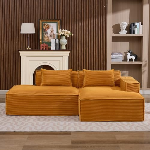 LIFEISLE L-förmiges modulares Sofa, 3-Sitzer Ecksofa mit Schlaffunktion, L Form Couch Corduroy für Wohnzimmer, Schaumstoff Sofa Chaiselounge rechs Orange Gelb