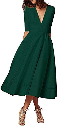 CARINACOCO Donna Vestiti Lunghi da Matrimonio Elegante Collo V Vestito A Pieghe Skater Abito Maxi Damigella Sera Cerimonia Inverno Verde XXL